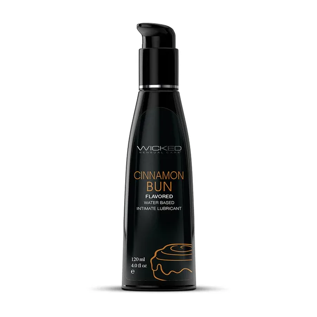 Wicked Aqua Cinnamon Bun 4 oz Lubricant curved black pump bottle front with roll graphic