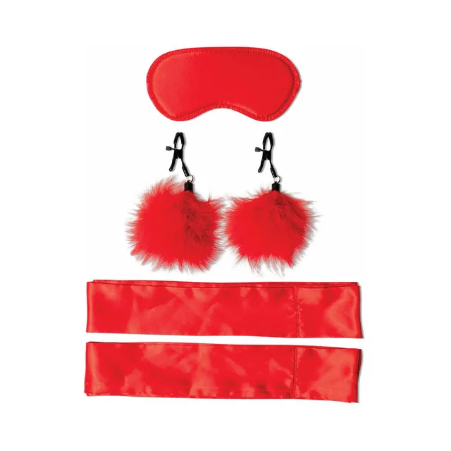Red heart blindfold restraint bands and feather clips