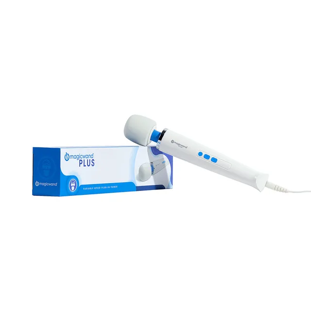Magic Wand Plus HV-265 white massager angled beside blue-and-white retail box