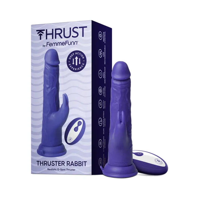 dark purple FemmeFunn Thruster Rabbit with matching remote and box