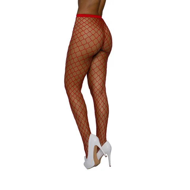 Dreamgirl red high-waist fence-net pantyhose rear-side leg view