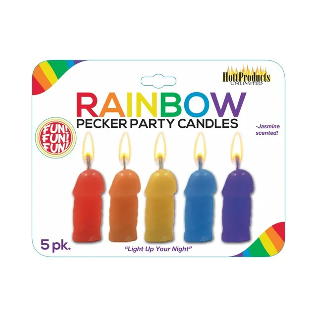 Rainbow Pecker Party Candles 5 Pack five colors in white rainbow retail card
