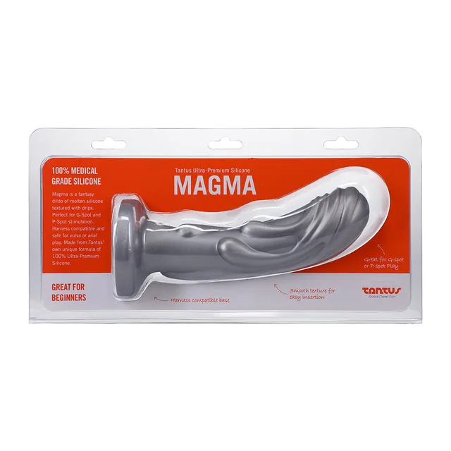Tantus Magma silver textured silicone fantasy dildo front retail package