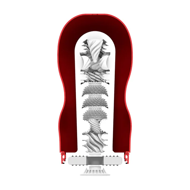 TENGA Super Tornado Blast red and white stroker cutaway of the clear sleeve with spiral fins and ribbed bands