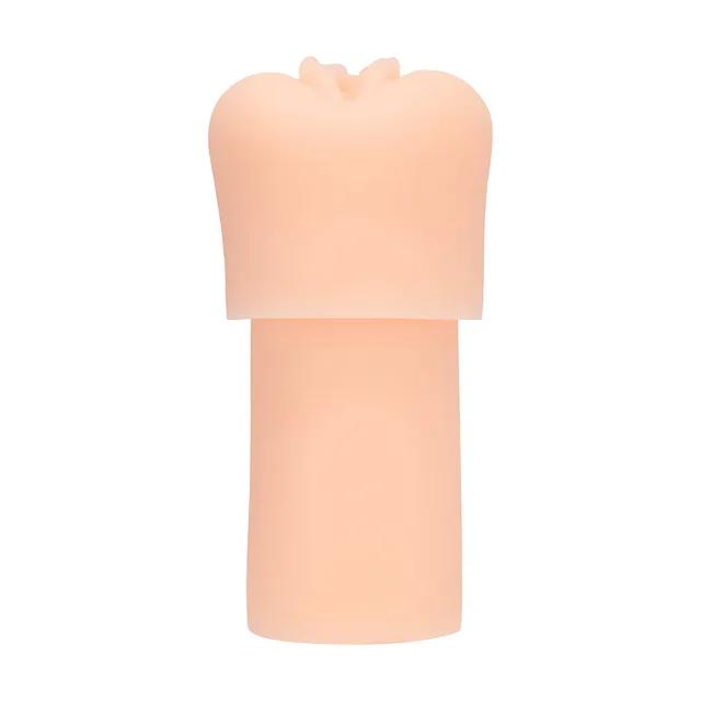 PUMPED beige 381 g vagina pump sleeve upright rear view of cylindrical body