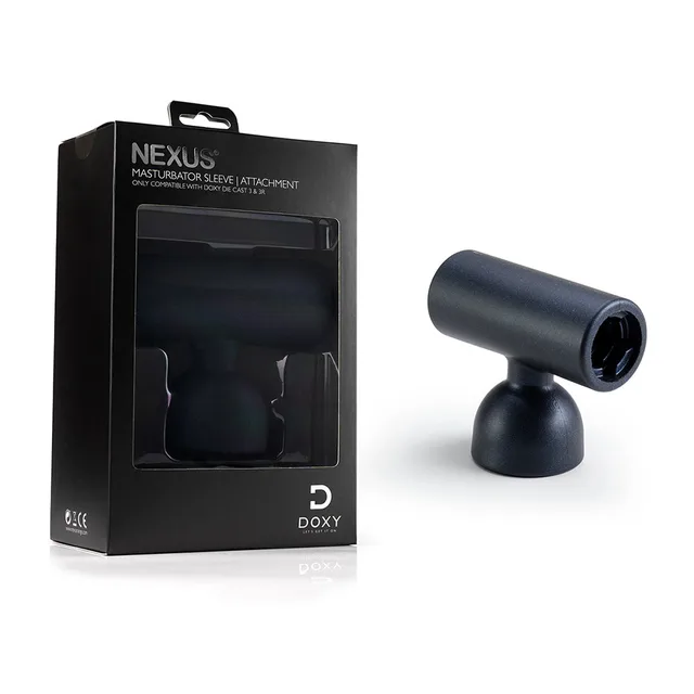 Doxy 3 navy silicone cylindrical masturbator wand attachment beside black retail box