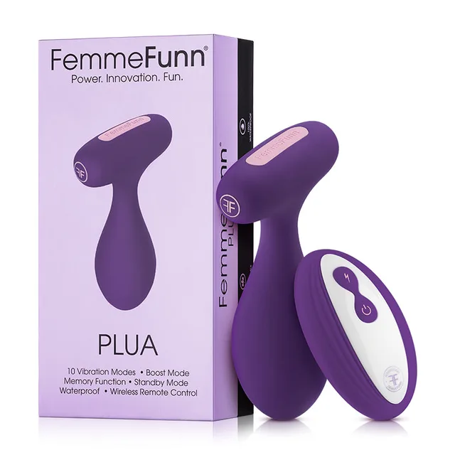 FemmeFunn Plua dark purple plug and oval remote beside lavender box