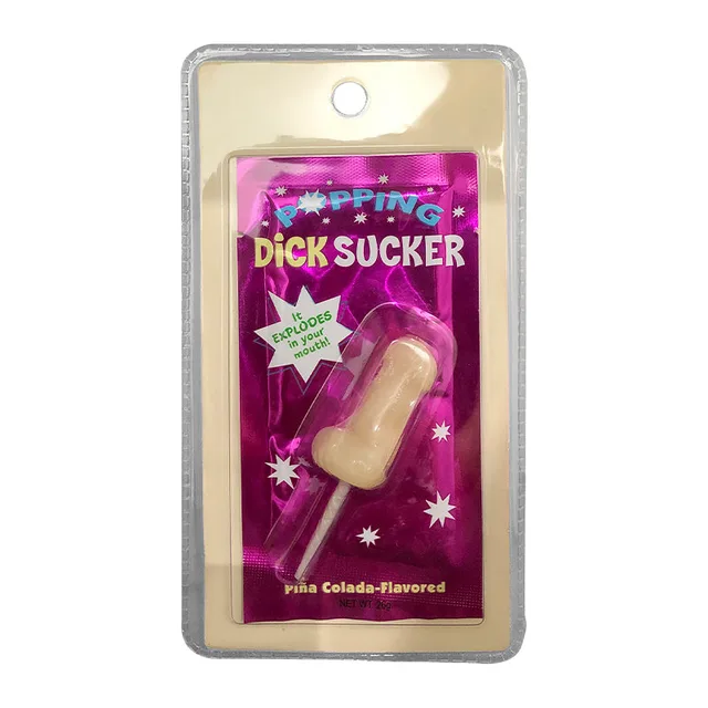 Popping Dick Sucker and pink pina colada candy packet in blister pack