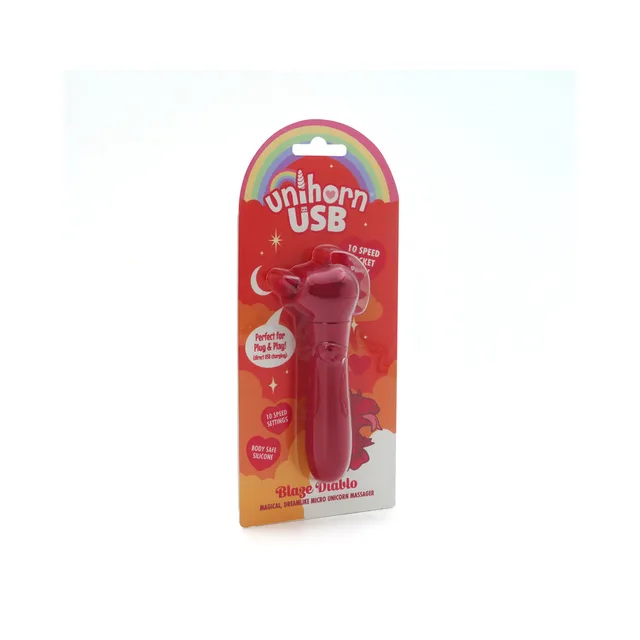 Dark-red Unihorn Blaze Diablo USB bullet on red rainbow retail card