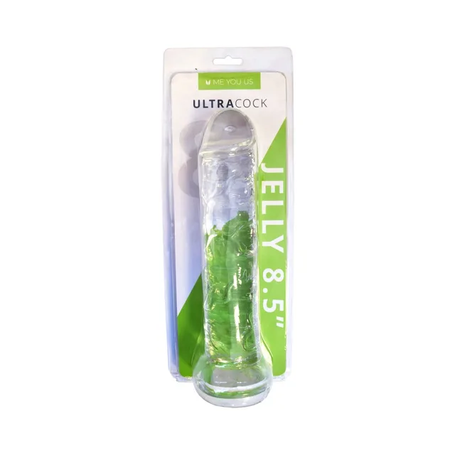 Me You Us Ultracock clear 8.5-inch jelly dong front view in white-and-green blister package with flared base visible
