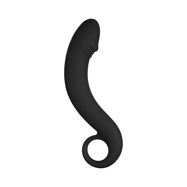 Side view of black S-curved plug with pull ring