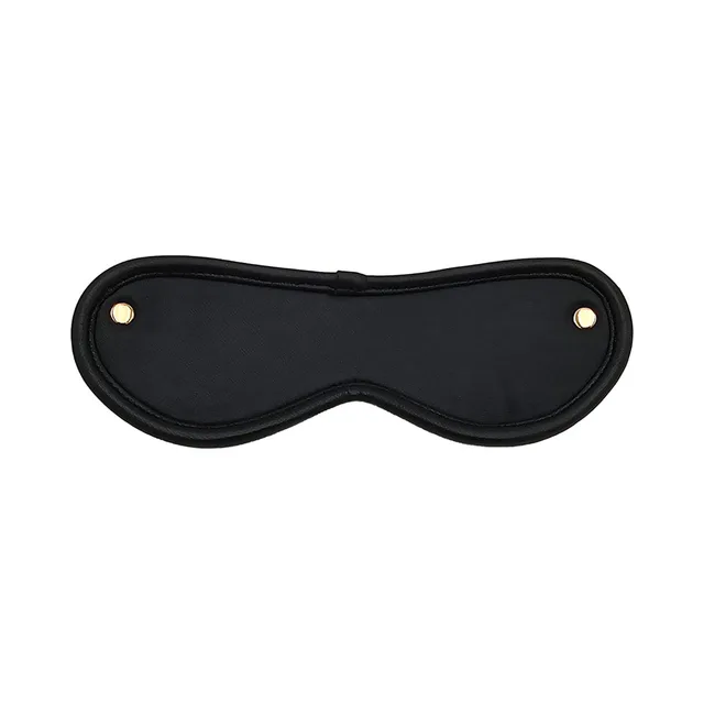 Rouge black leather contoured blindfold front view showing stitched figure-eight shape