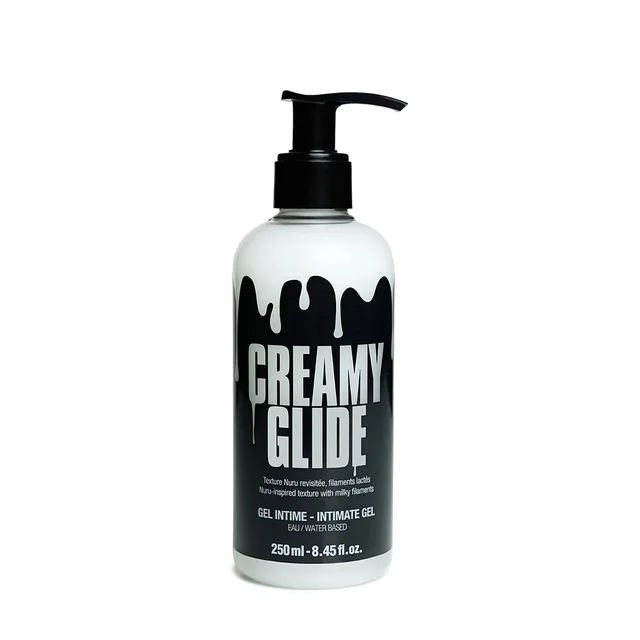 White 8.45 oz Creamy Glide lubricant bottle with black pump and label