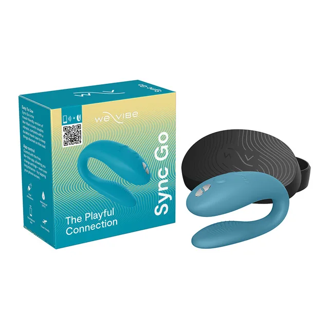 turquoise We-Vibe Sync Go beside its textured black case and turquoise retail box