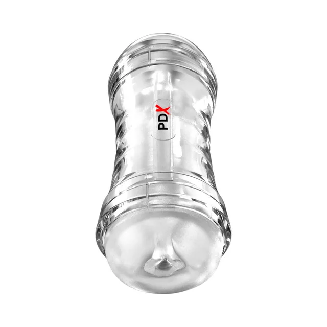 PDX Extreme Wet Pussies clear dual-ended stroker upright view from rounded end opening