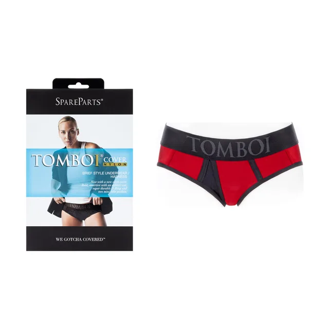 SpareParts Tomboi red black XXS brief beside retail packaging