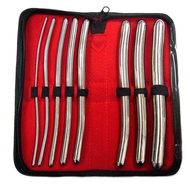 Rouge Silver Hegar Dilator Set eight curved metal dilators arranged in an open red zip case