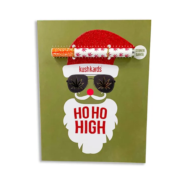 green Ho Ho High KushKard with Santa artwork and orange metal one-hitter