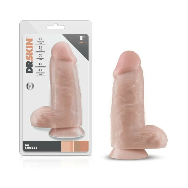 Dr. Skin Dr. Chubbs beige 10-inch dildo beside retail package