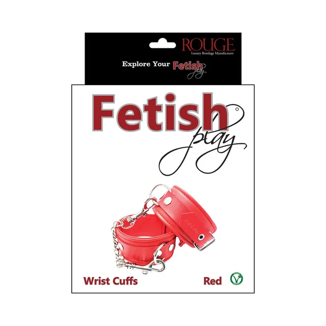 Red Rouge Fetish Play vegan wrist cuffs with silver chain on retail card