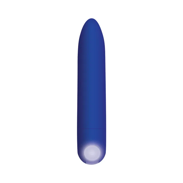 Zero Tolerance All Mighty blue rechargeable bullet upright front view with silver circular end