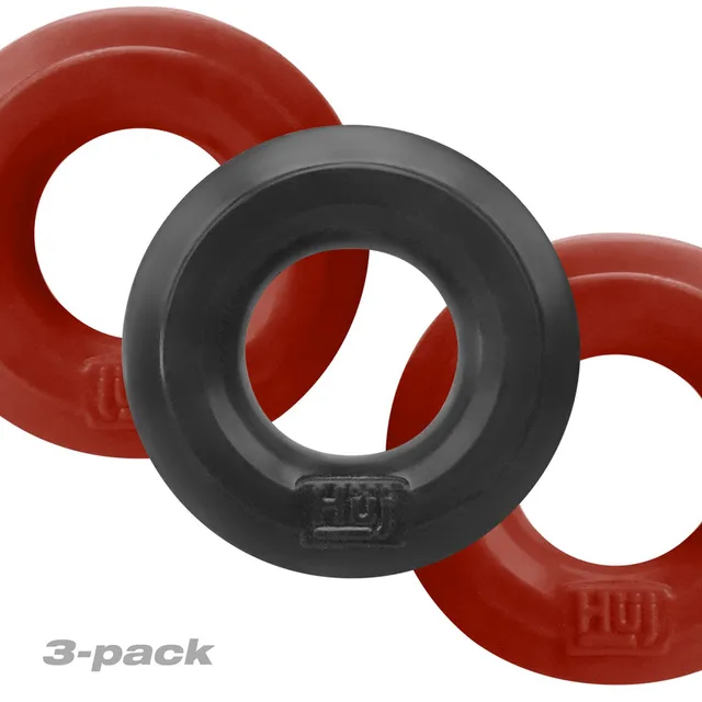 Two cherry-red HUJ3 rings behind one tar-ice black ring