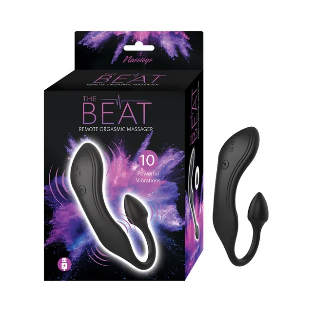 Black Nasstoys The Beat massager beside retail box