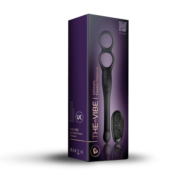 black Rocks-Off The-Vibe two-ring vibrator with oval remote displayed on purple box