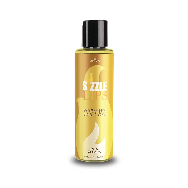 Sensuva Sizzle Lips Piña Colada Gel 4.2 oz tall yellow bottle with black cap and white gold label