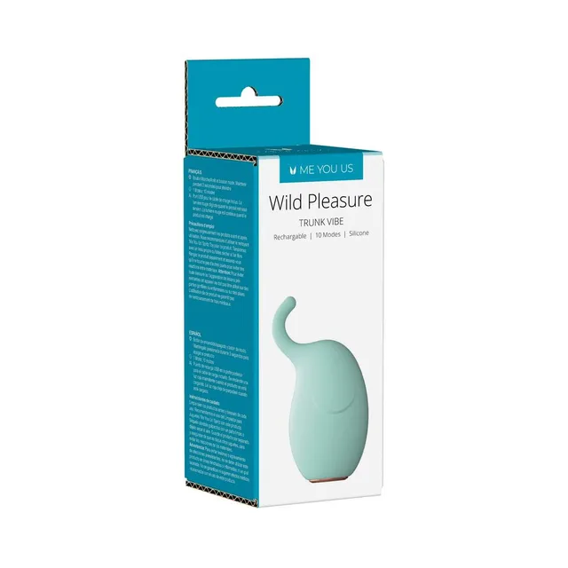 aqua Me You Us Wild Pleasure vibrator with curved elephant trunk tip on teal box