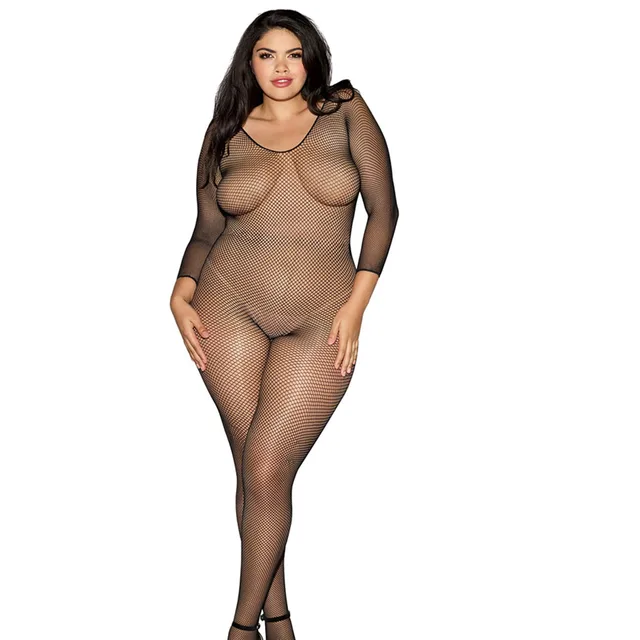 Full-length front view of black open-crotch fishnet bodystocking with long sleeves