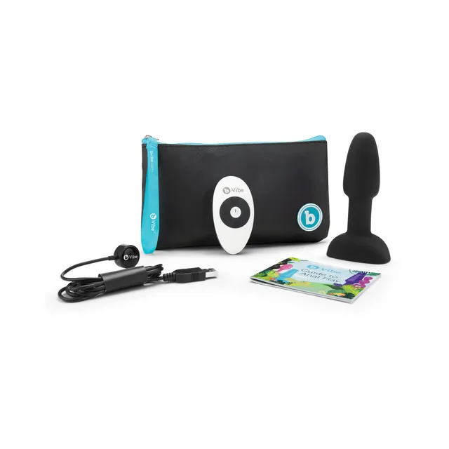 Black b-Vibe Rimming Petite plug with remote, pouch, cable and booklet