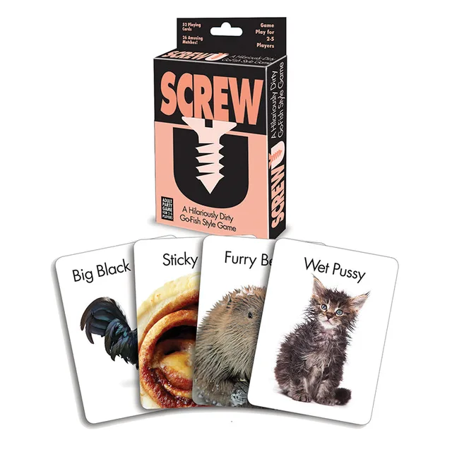 Screw U adult card game box with four illustrated sample cards