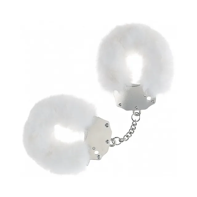 Shots Ouch white fluffy iron handcuffs connected by a short silver chain