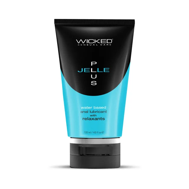black-and-teal 4 oz Wicked Jelle Plus squeeze tube standing on its black cap