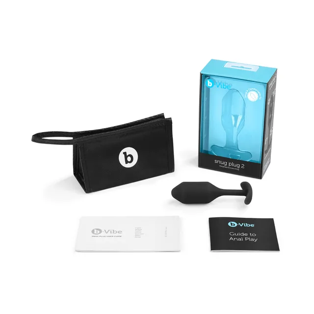 Black b-Vibe Snug Plug 2 with pouch, box and printed guides