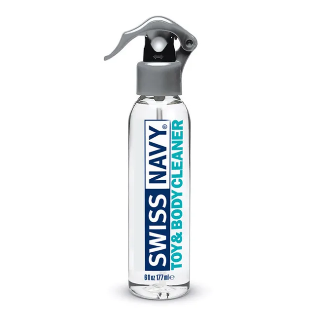 Clear 6 oz Swiss Navy Toy & Body Cleaner bottle with gray trigger sprayer