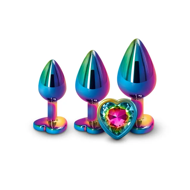 Three graduated rainbow plugs with heart-shaped jeweled bases