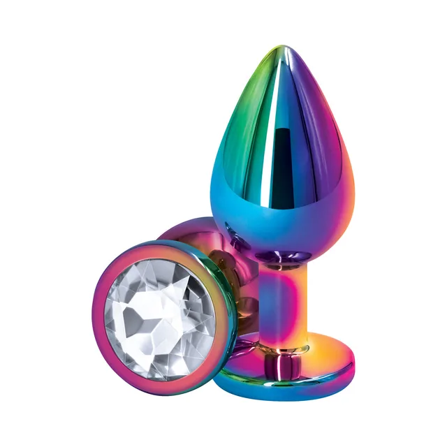 Iridescent medium metal plug with clear faceted jewel base