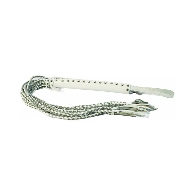 white and grey braided leather corset flogger with laced handle and wrist loop