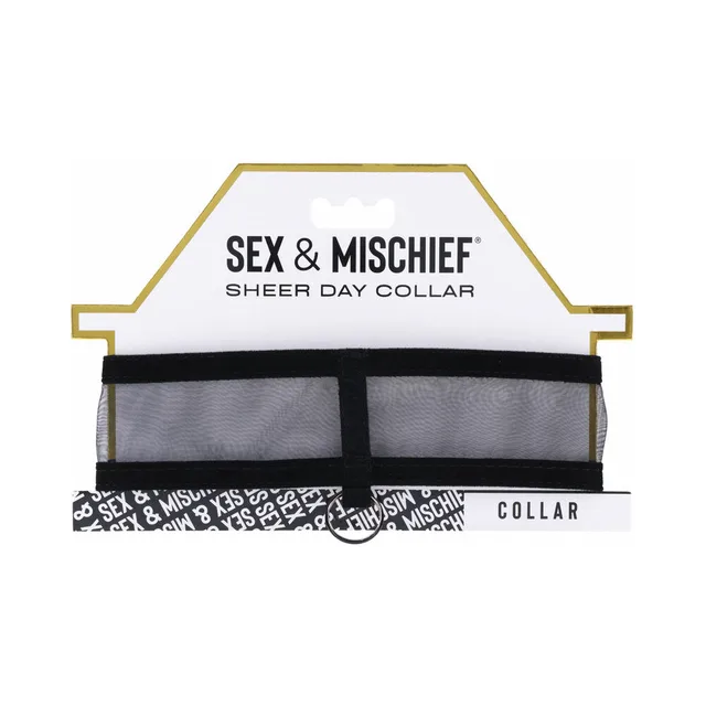 black sheer mesh Sex & Mischief collar with center ring on display card