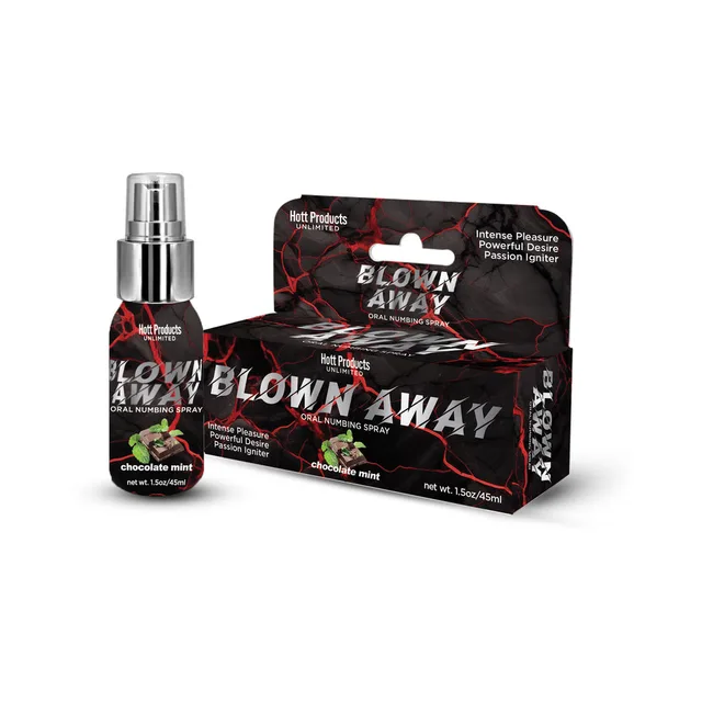 Blown Away Chocolate Mint spray 1.5 oz bottle beside black and red display carton