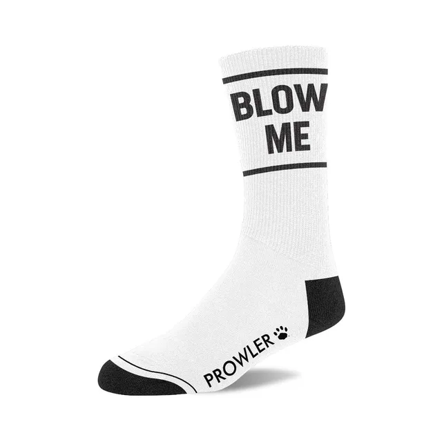 Single Blow Me white crew sock with black heel and toe