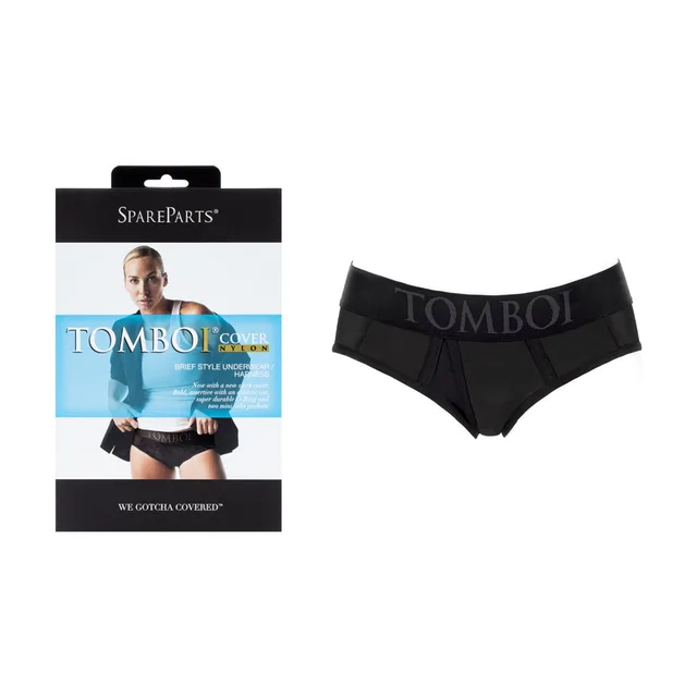 SpareParts Tomboi black XL harness brief beside retail package