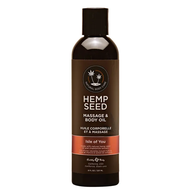 Earthly Body Isle of You Massage Oil 8 oz dark brown bottle with black cap and purple floral label