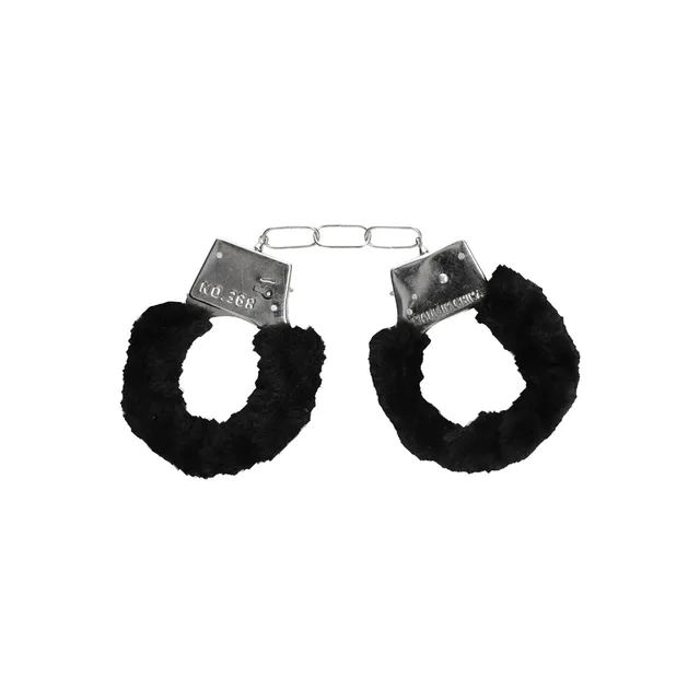 Pair of black faux-fur handcuffs with metal chain