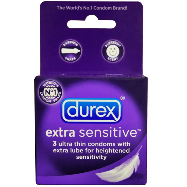 Durex Extra Sensitive three-pack of condoms in purple carton