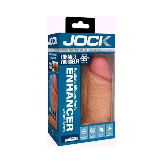 Medium-tan JOCK silicone penis enhancer sleeve displayed in blue retail box