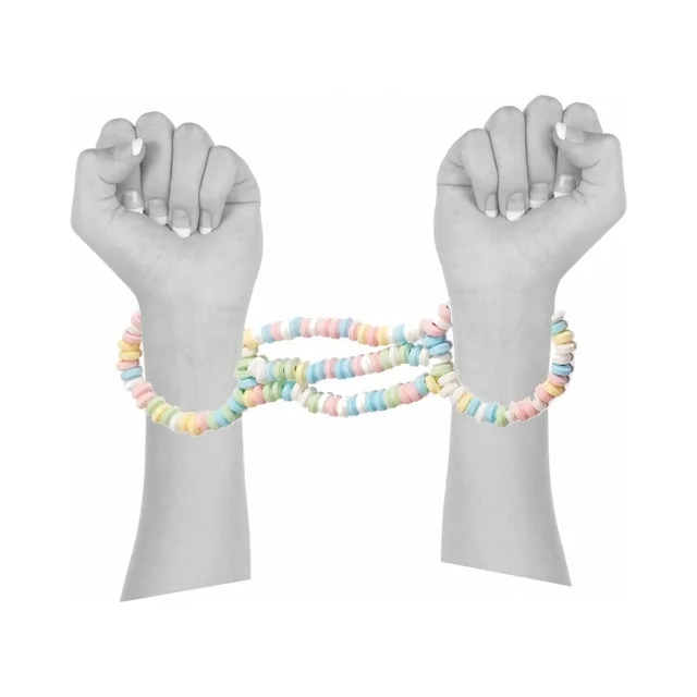 Multicolor edible candy cuffs linked by several pastel strands