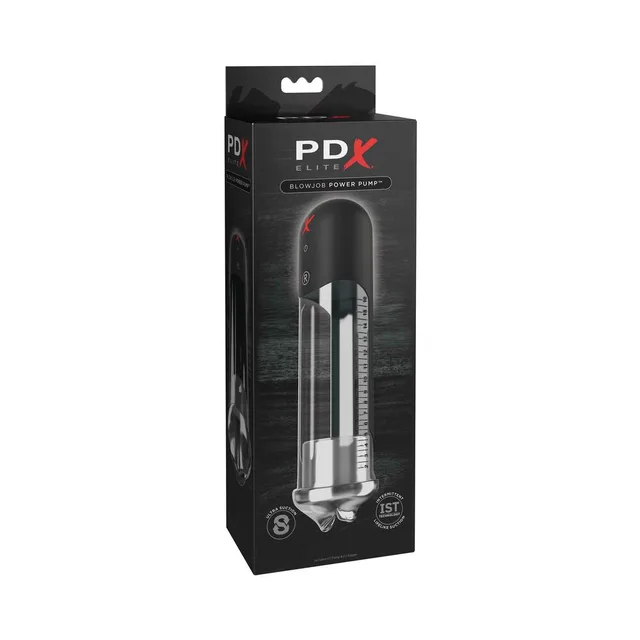 PDX Elite Blowjob Power Pump Clear Black in tall black retail carton